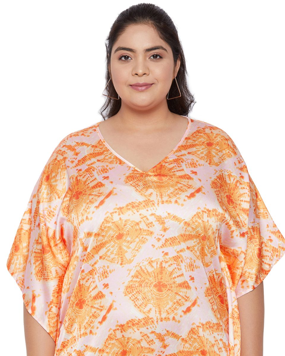 Stylish Orange Polyester Satin Geometric Printed Plus Size V-Neck Tunic for Fashionable Women