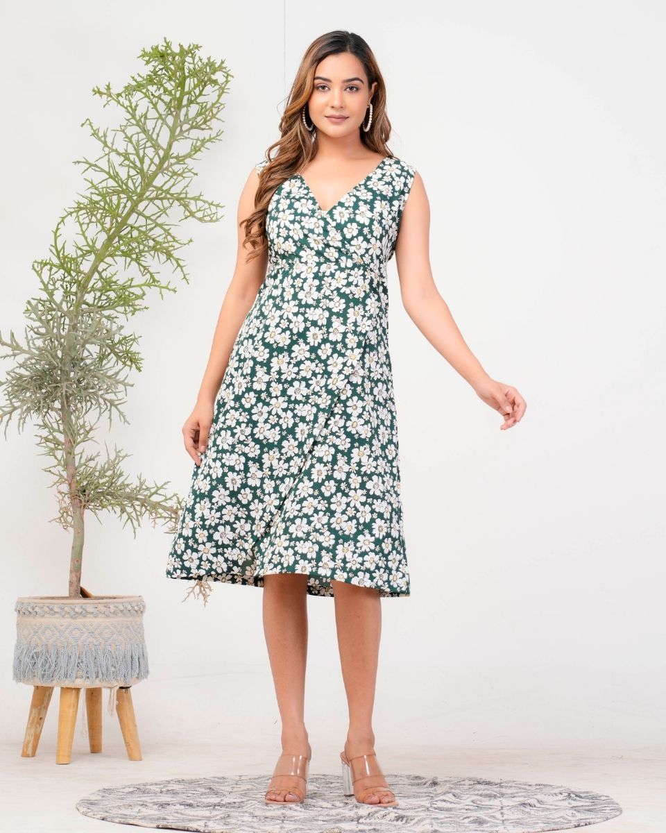 Women's Pine Green Floral-Printed Polyester Crepe Mid-Length Dress