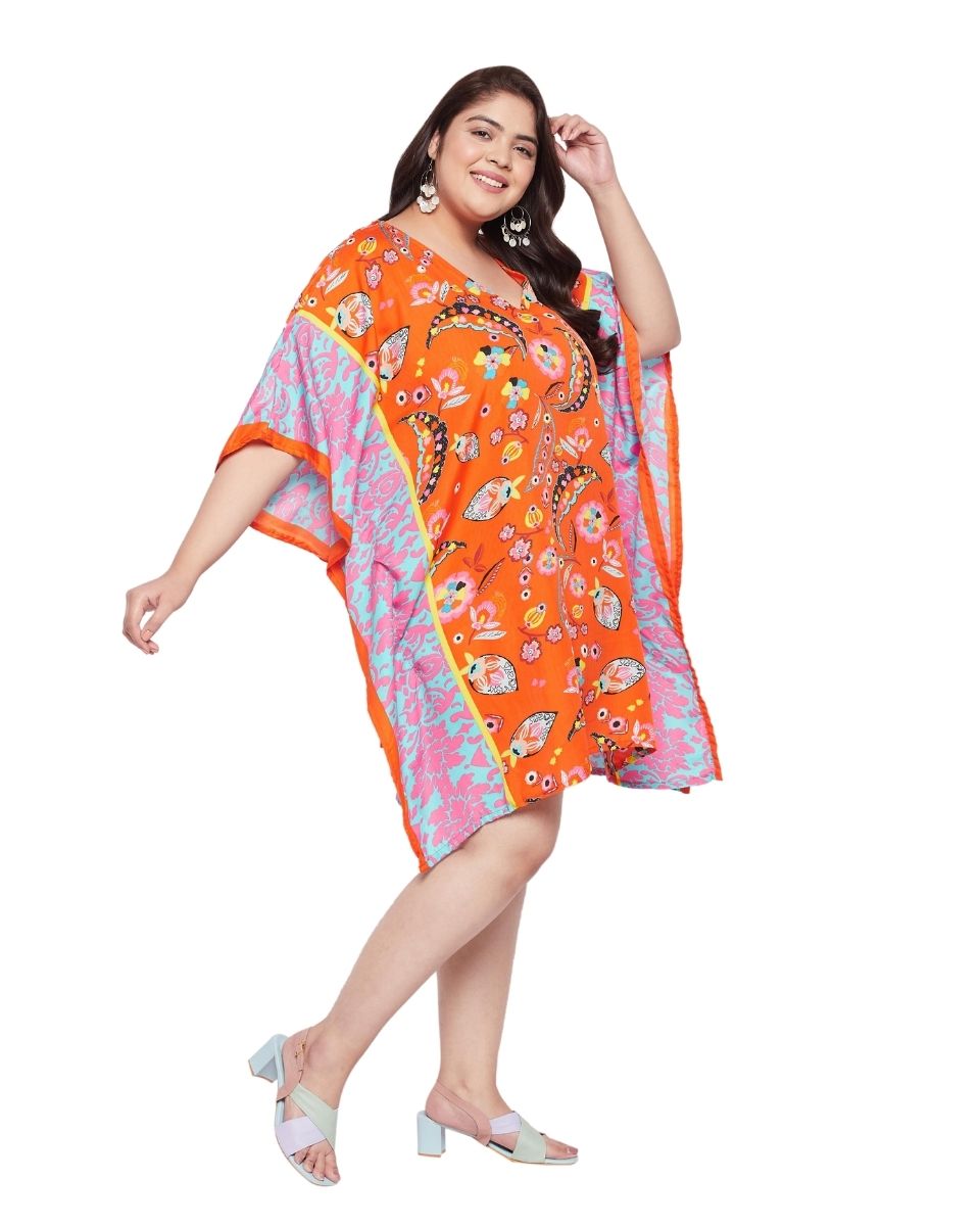 Stylish Leaf-Patterned Plus-Size Orange Polyester Tunic Top for Fashionable Women