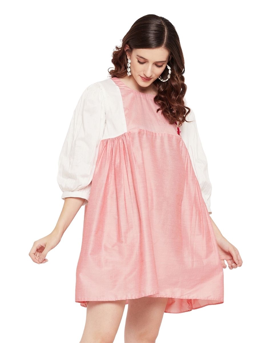 Women's Cotton Silk Dress with Peach Embroidery and Puff Sleeves