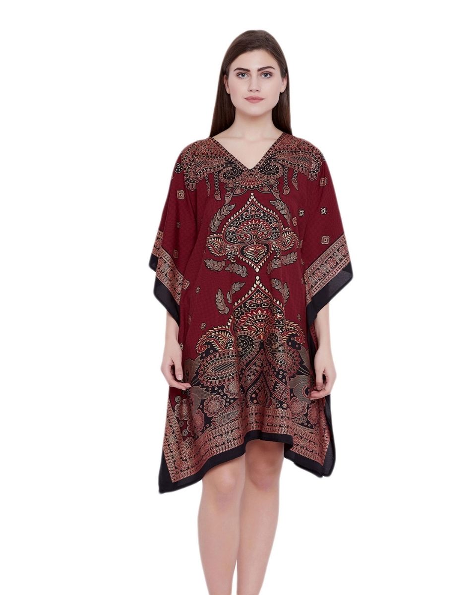 Stylish Ladies' Maroon Paisley-Patterned Plus Size Tunic Dress for Beach Wear