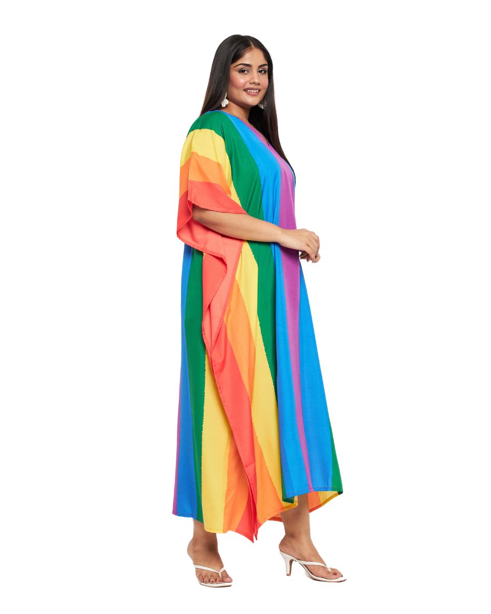 Stylish Rainbow-Printed Multicolor Polyester Kaftan Dress for Plus-Size Women