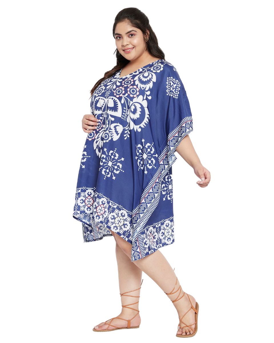 Fashionable Women's Blue Polyester Plus Size Floral Printed Tunic Top for Trendy Ladies