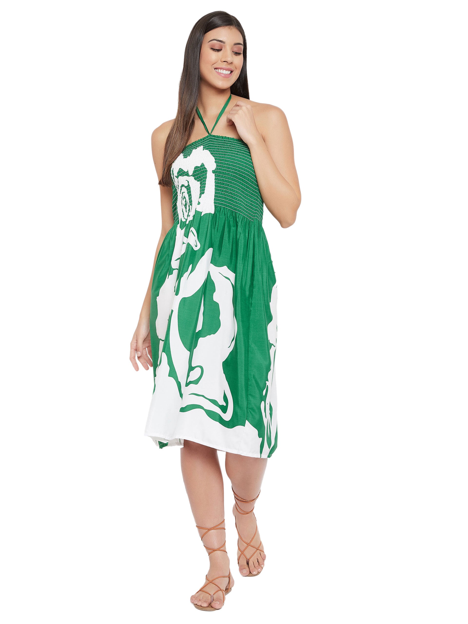 Women's Chic Green Polyester Drawstring Elastic Short Tube Dress