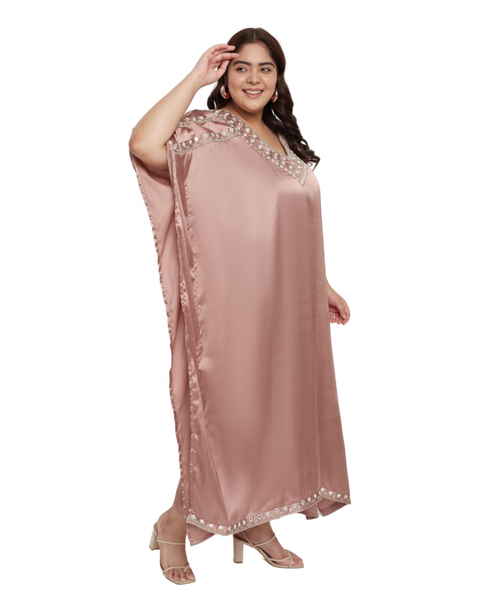 Light Brown Solid Satin Women's Plus Size Kaftan Dress with Intricate Embroidery Lace