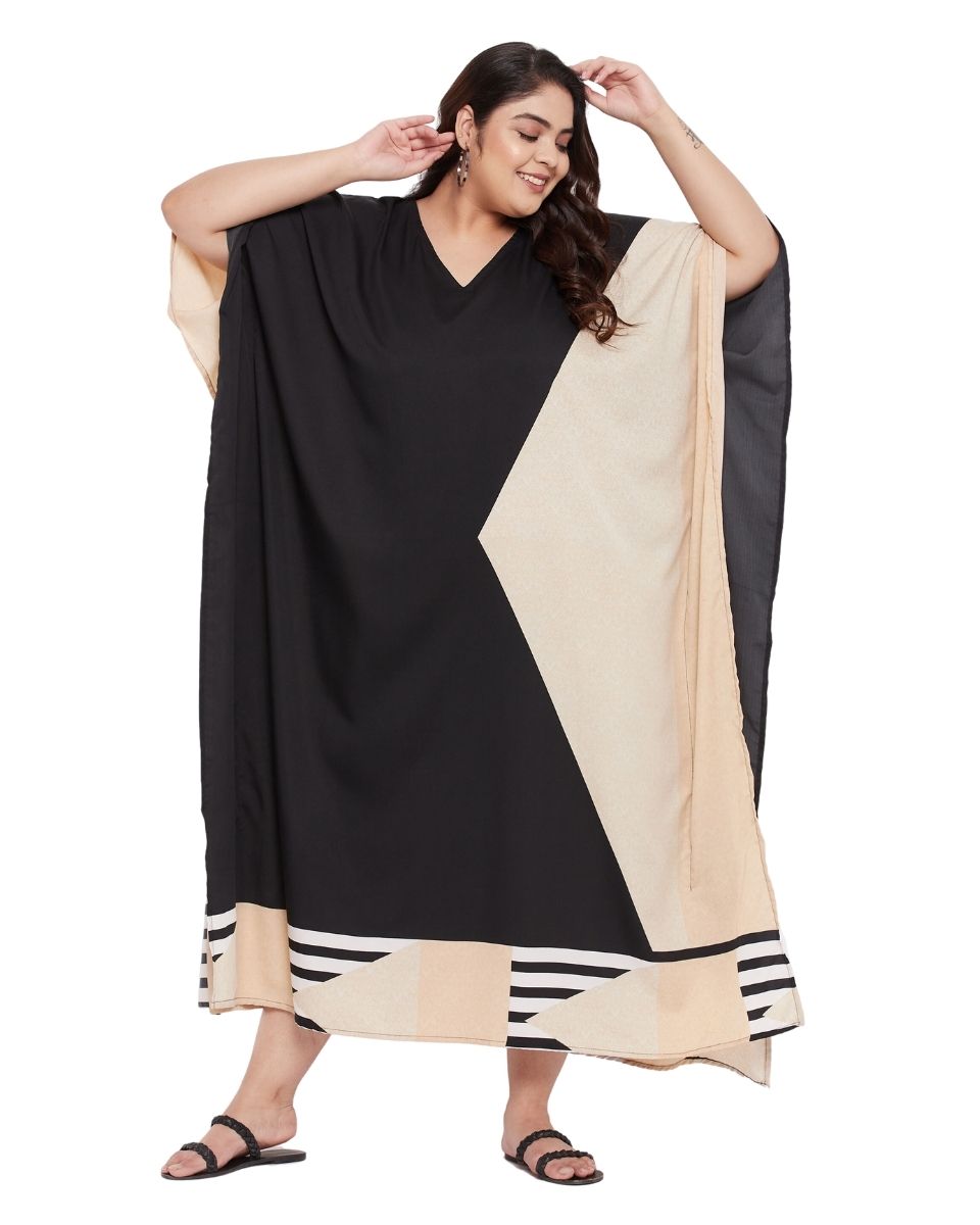 Stylish Abstract-Printed Black and Cream Polyester Plus-Size Kaftan Dress for Elegant Women