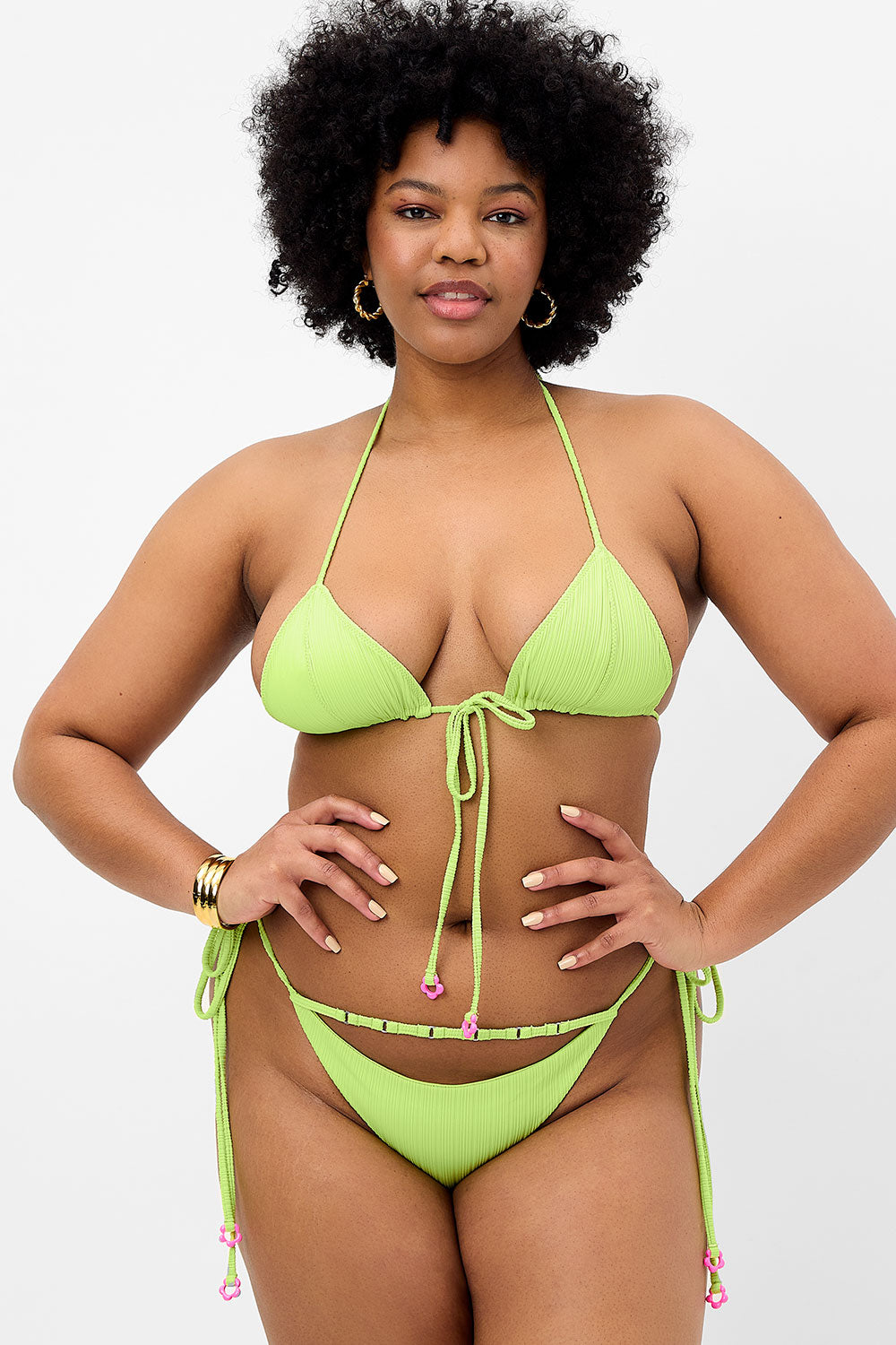 Kiwi-Colored Phillipa Plissé Micro Triangle Style Bikini Top for Sun Tanning