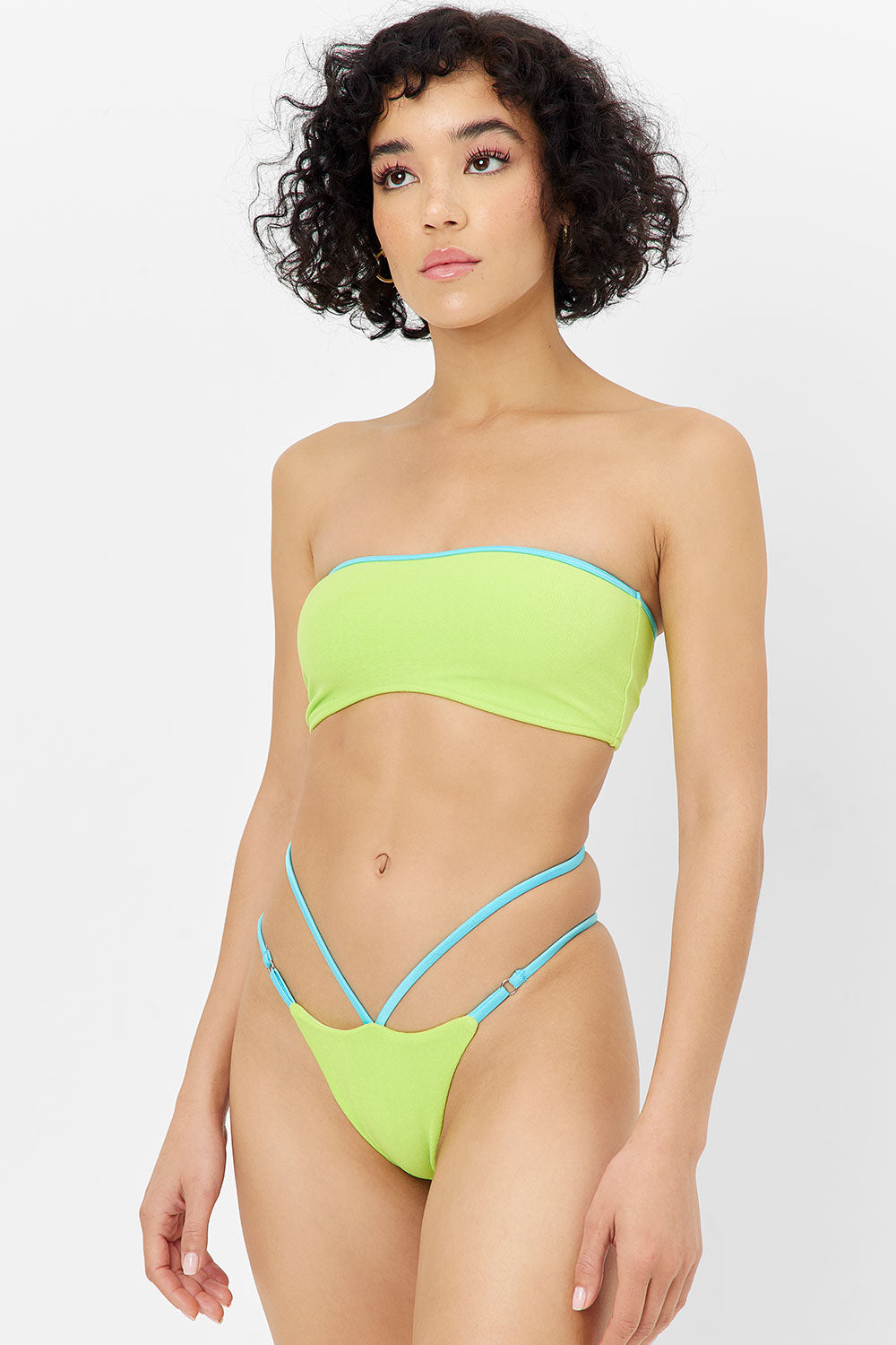Sweet Blue Contrast Trim Terry Bandeau Bikini Top - Siren Style
