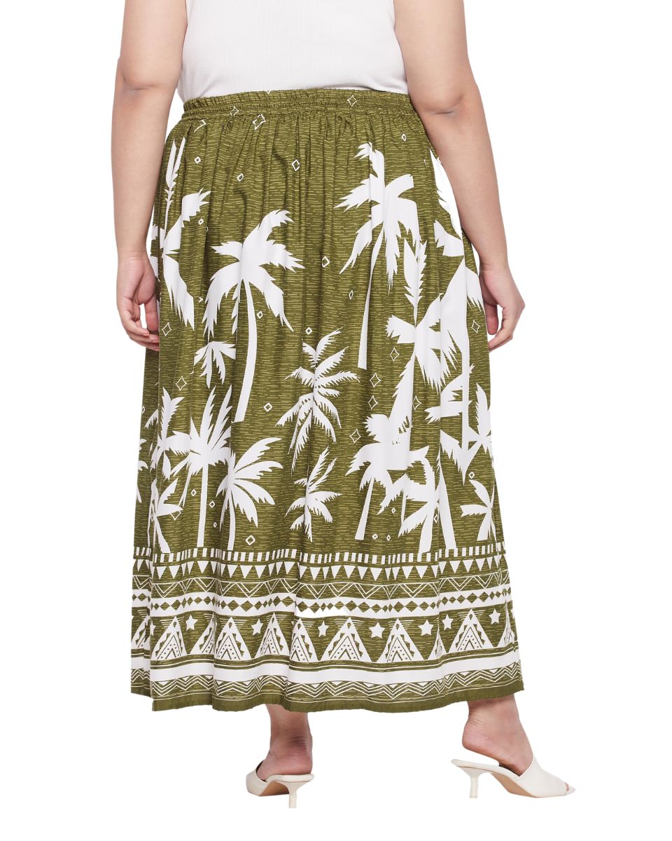 Women's Fashionable Olive Green Tropical Pattern Rayon Crepe Long Maxi Skirt for Various Occasions