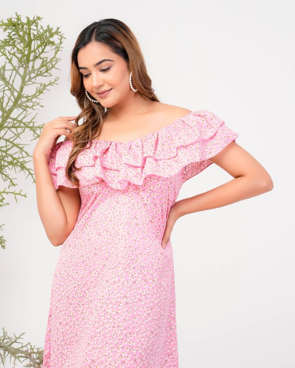 Stylish Women's Pink Floral Patterned Off Shoulder Midi Polyester Crepe Dress