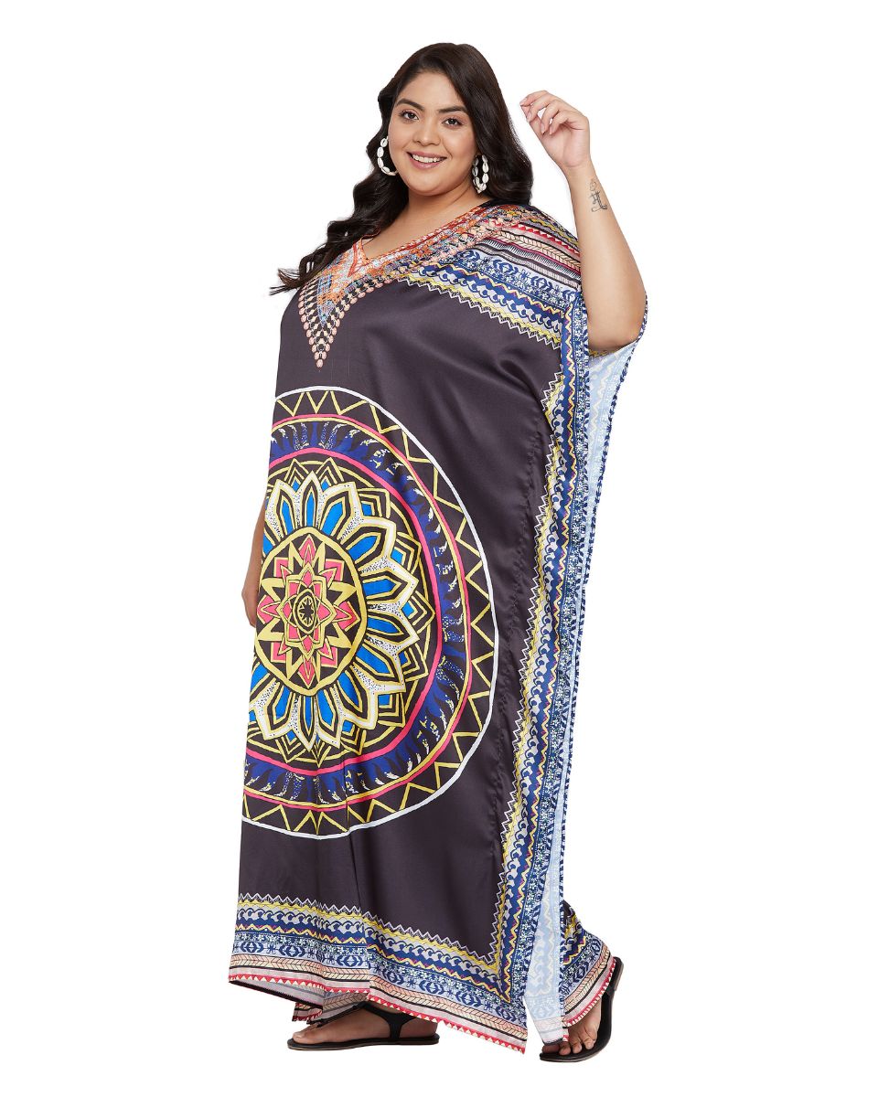 Plus Size Women's Black Satin Kaftan Dress with Mandala Print
