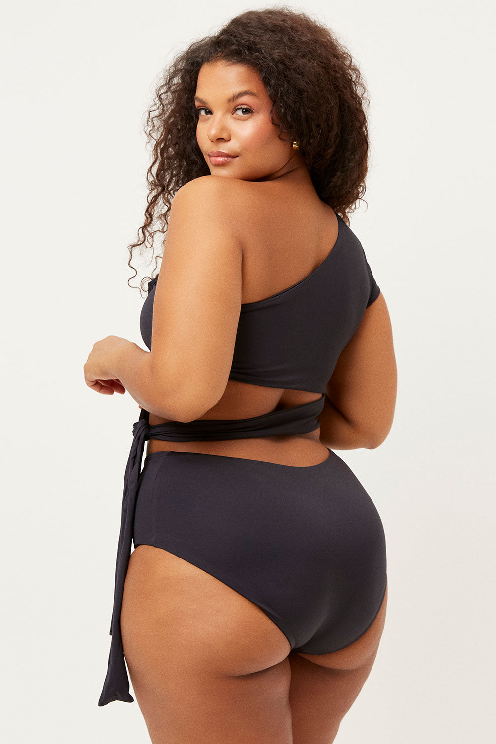 Stylish Black One-Shoulder Tie-Side Puck Bikini Top