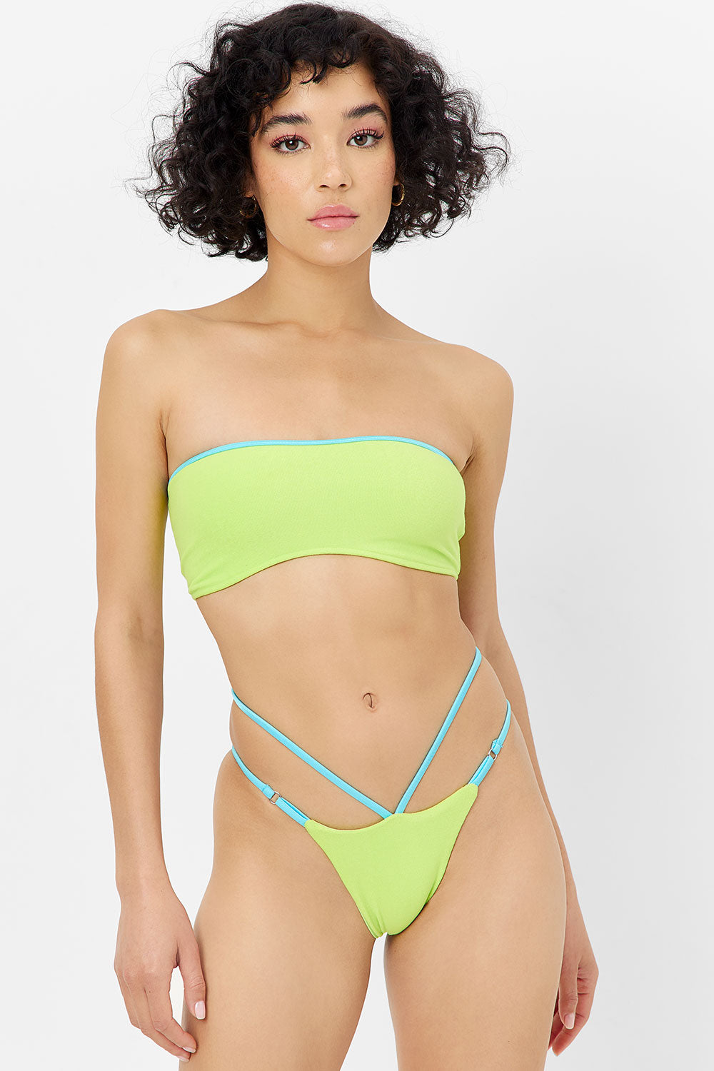 Sweet Blue Contrast Trim Terry Bandeau Bikini Top - Siren Style