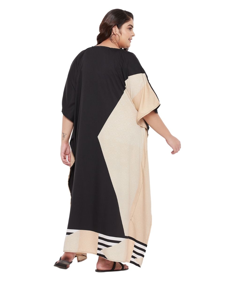Stylish Abstract-Printed Black and Cream Polyester Plus-Size Kaftan Dress for Elegant Women