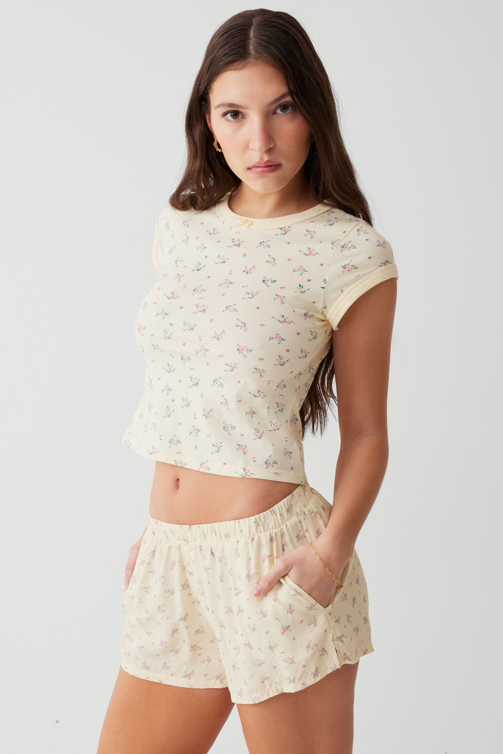 Soft and Light Farmhouse Mini Shorts with Buttercup Bouquet Floral Print