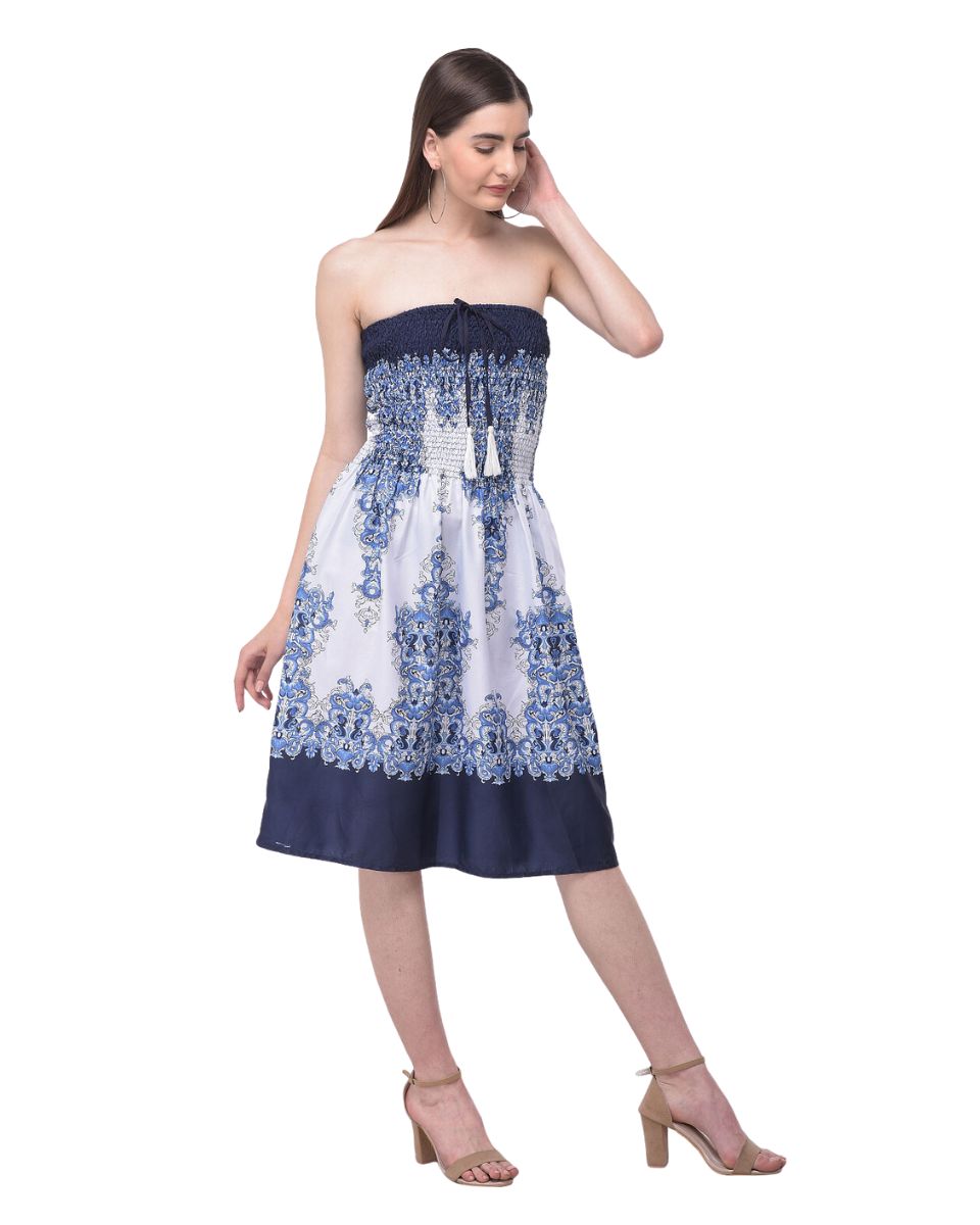 Stylish Digital Printed Blue Strapless Tube Dress for Fashionable Women