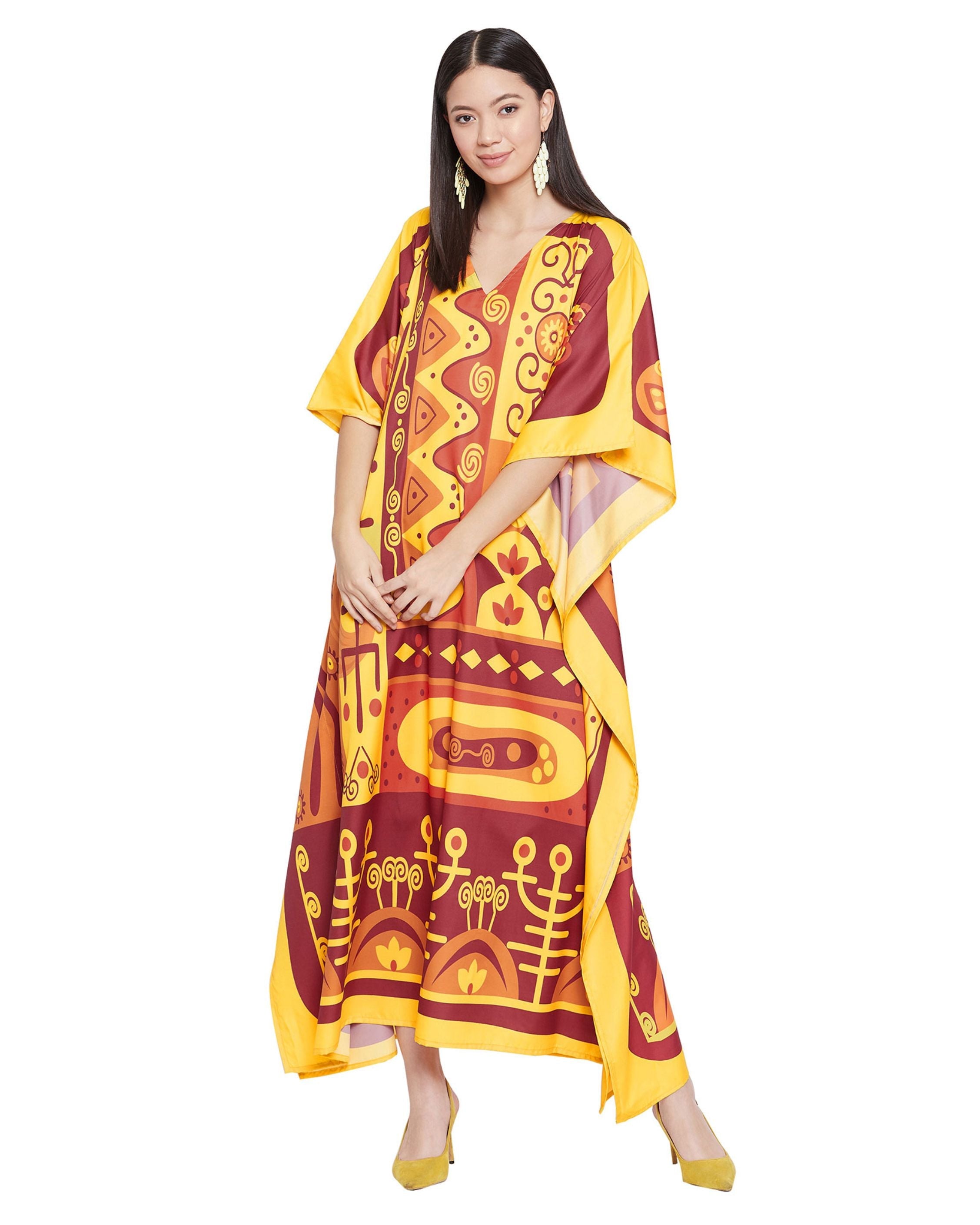 Women Plus Size Dress Tribal Printed Yellow Polyester Kaftan