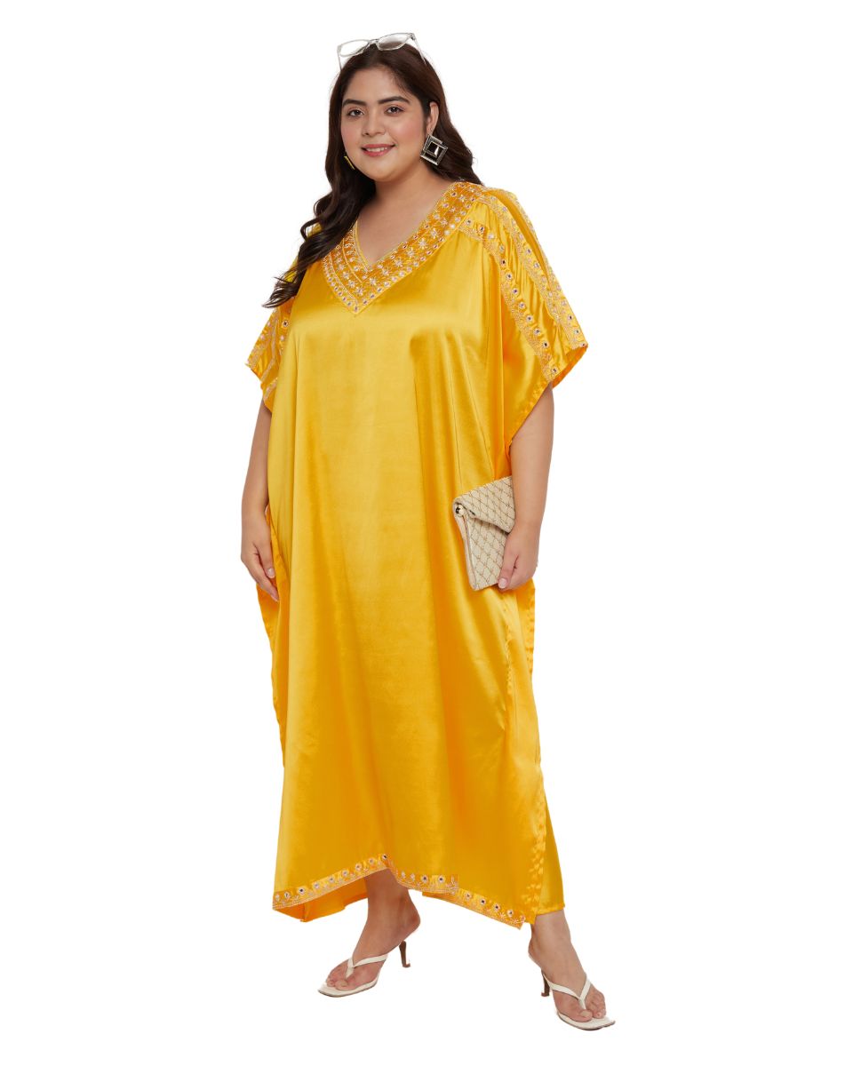 Stunning Yellow Satin Plus Size Embroidered Wedding Kaftan Dress for Women