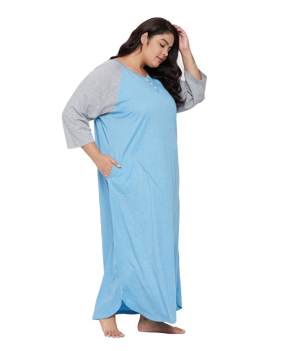 Women's Long Sleeve Casual Sky Blue Melange Maxi Dress with Deep Pockets