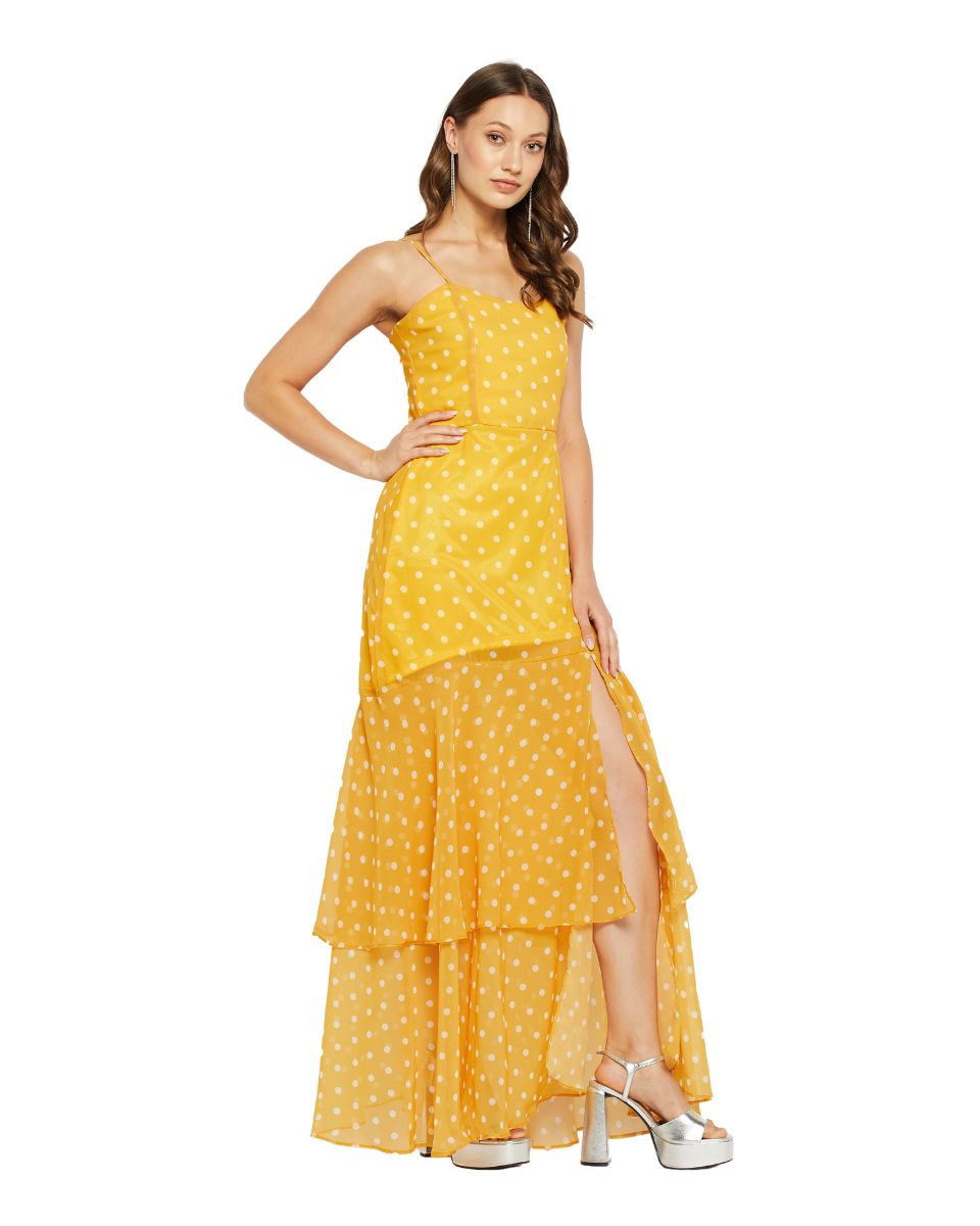 Stylish Women's Polka Dot Patterned Yellow Georgette Cami Strap Evening Dress