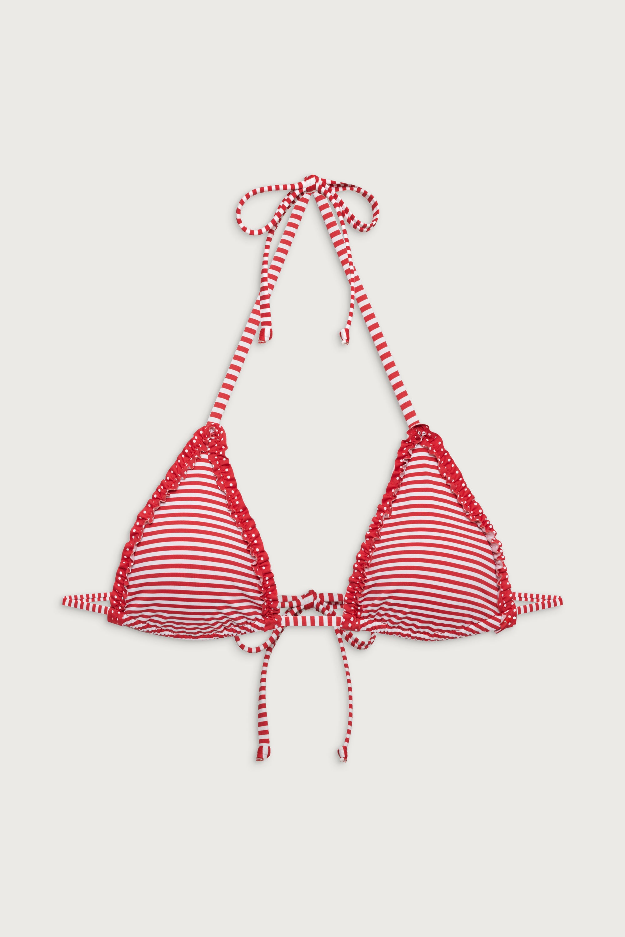 Scarlet Stripe Nick Triangle Halter Bikini Top with Polka Dot Ruffle Trim