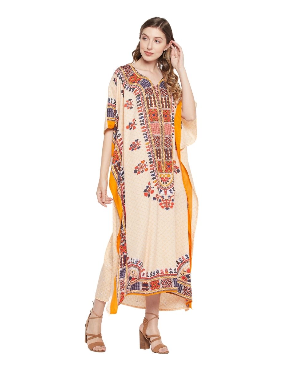 Plus Size Off-White Polyester Dashiki Print Caftan for Women