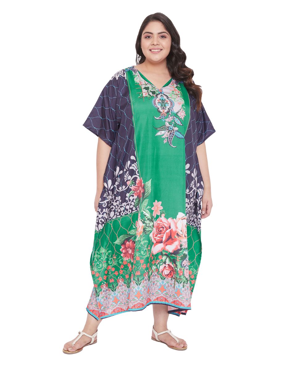 Plus Size Women's Green Polyester Kaftan Dress with Floral Print