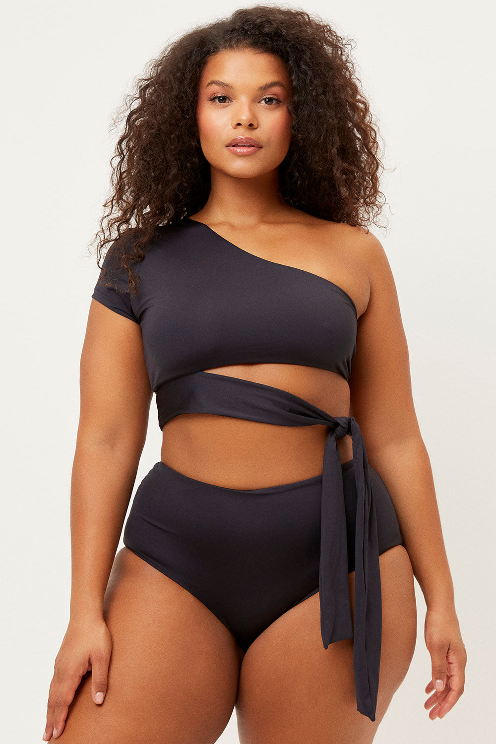 Stylish Black One-Shoulder Tie-Side Puck Bikini Top