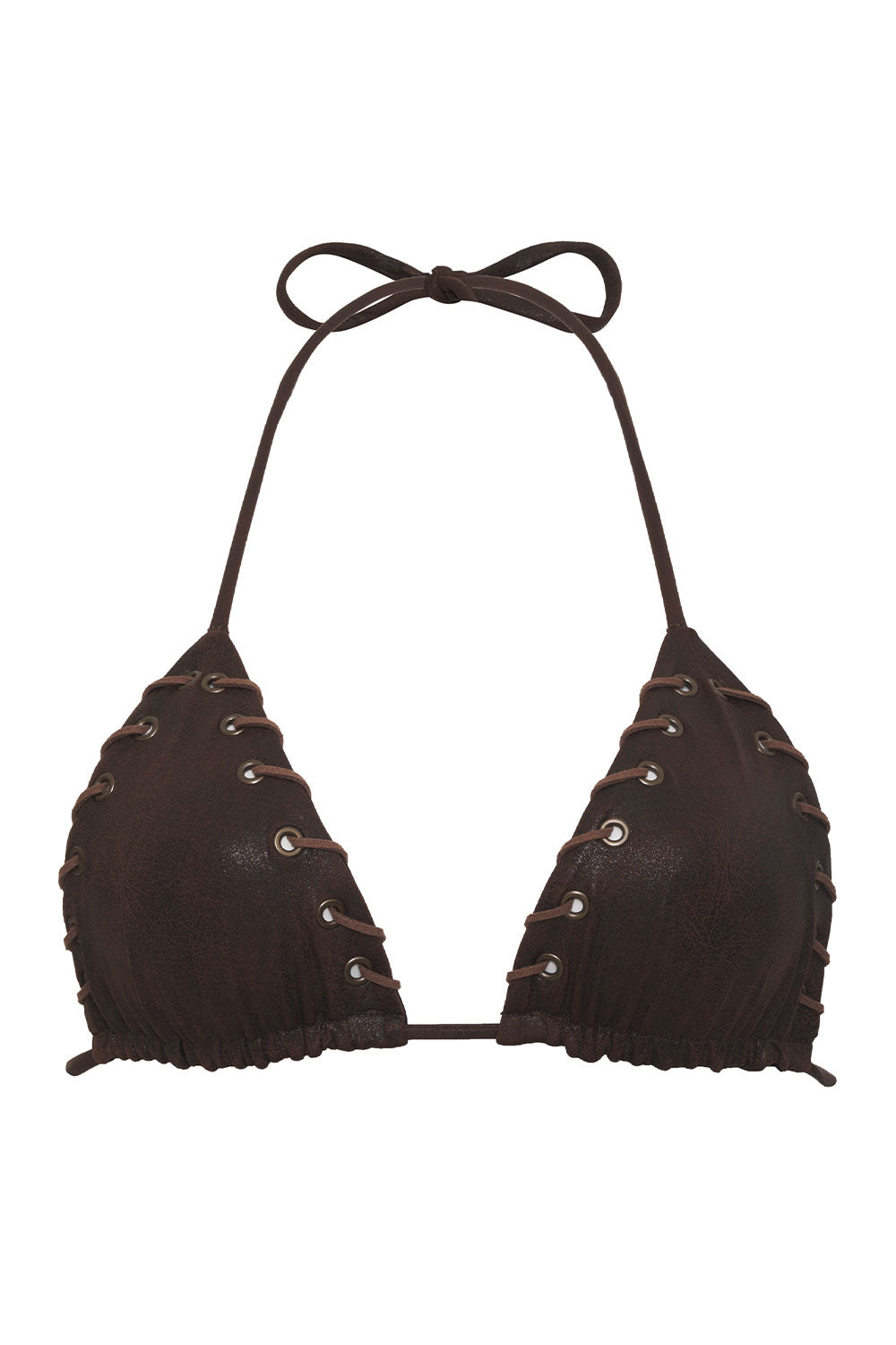 Tia Women's Triangle Bikini Top with a Leather-Like Appearance in Rich Cocoa Color