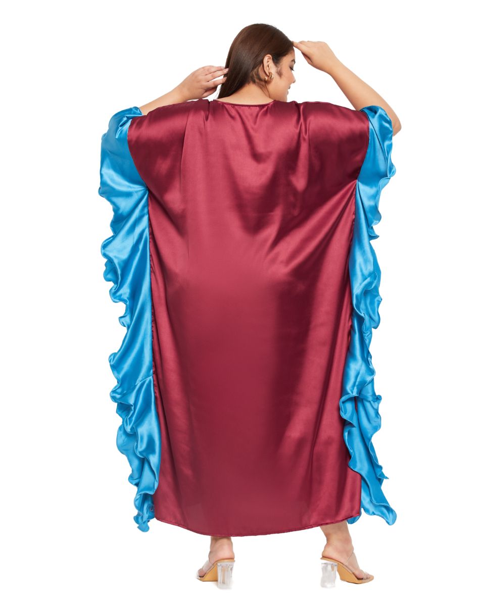 Stylish Women's Maroon Solid Satin Ruffled Kaftan Dress for a Timeless Look