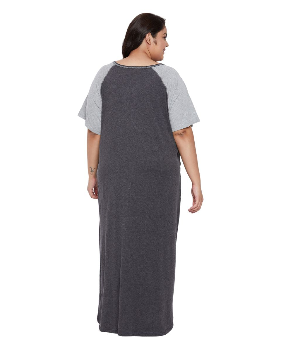 Stylish Black Women's Casual Long Melange Maxi Sleepwear Dress with Functional Pockets
