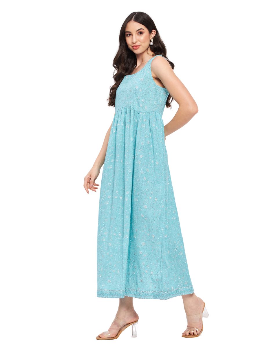 Stylish Turquoise Blue Cotton Floral Print Maxi Dress for Fashionable Women