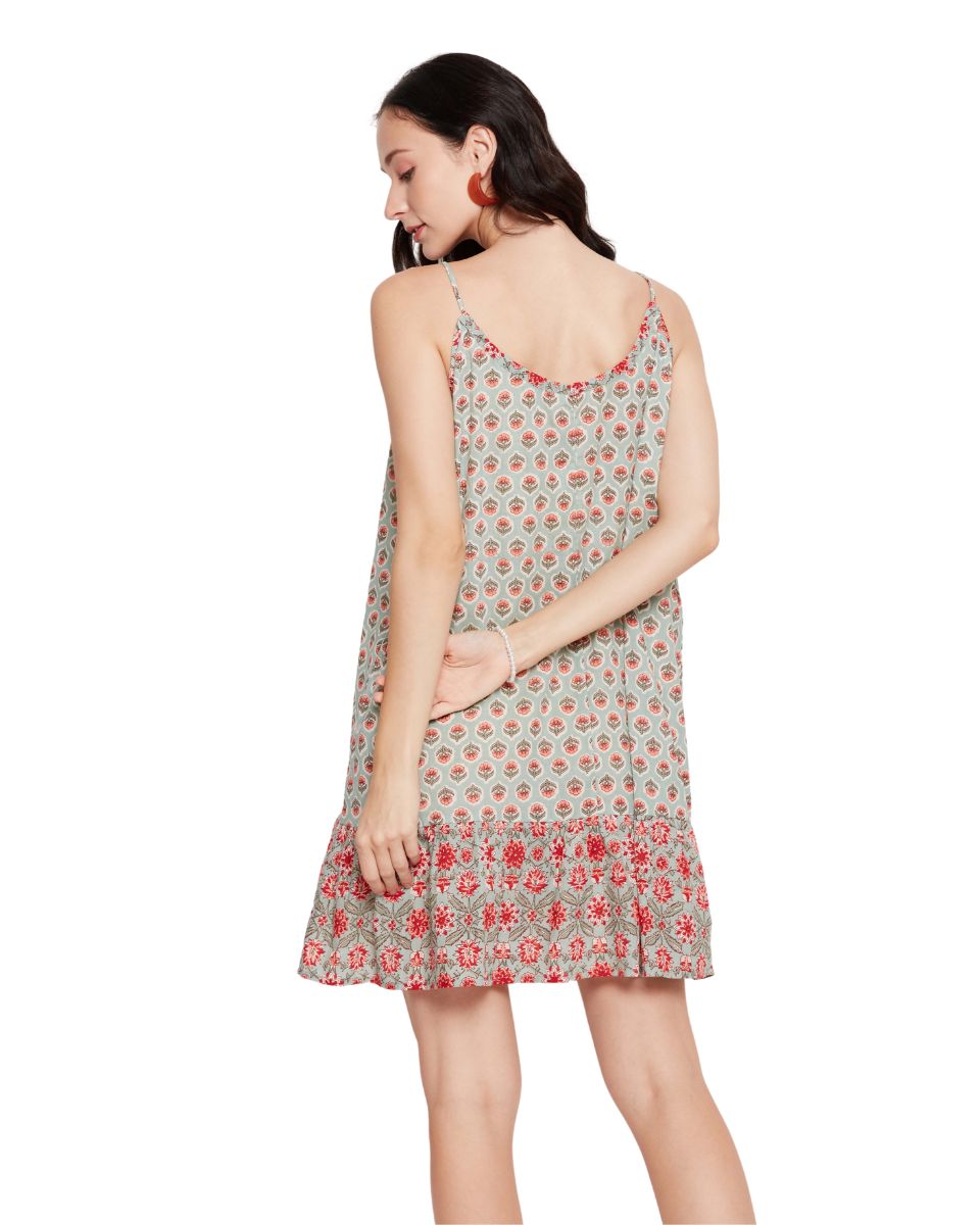 Stylish Pista Green Floral Printed Cotton Dress for Women
