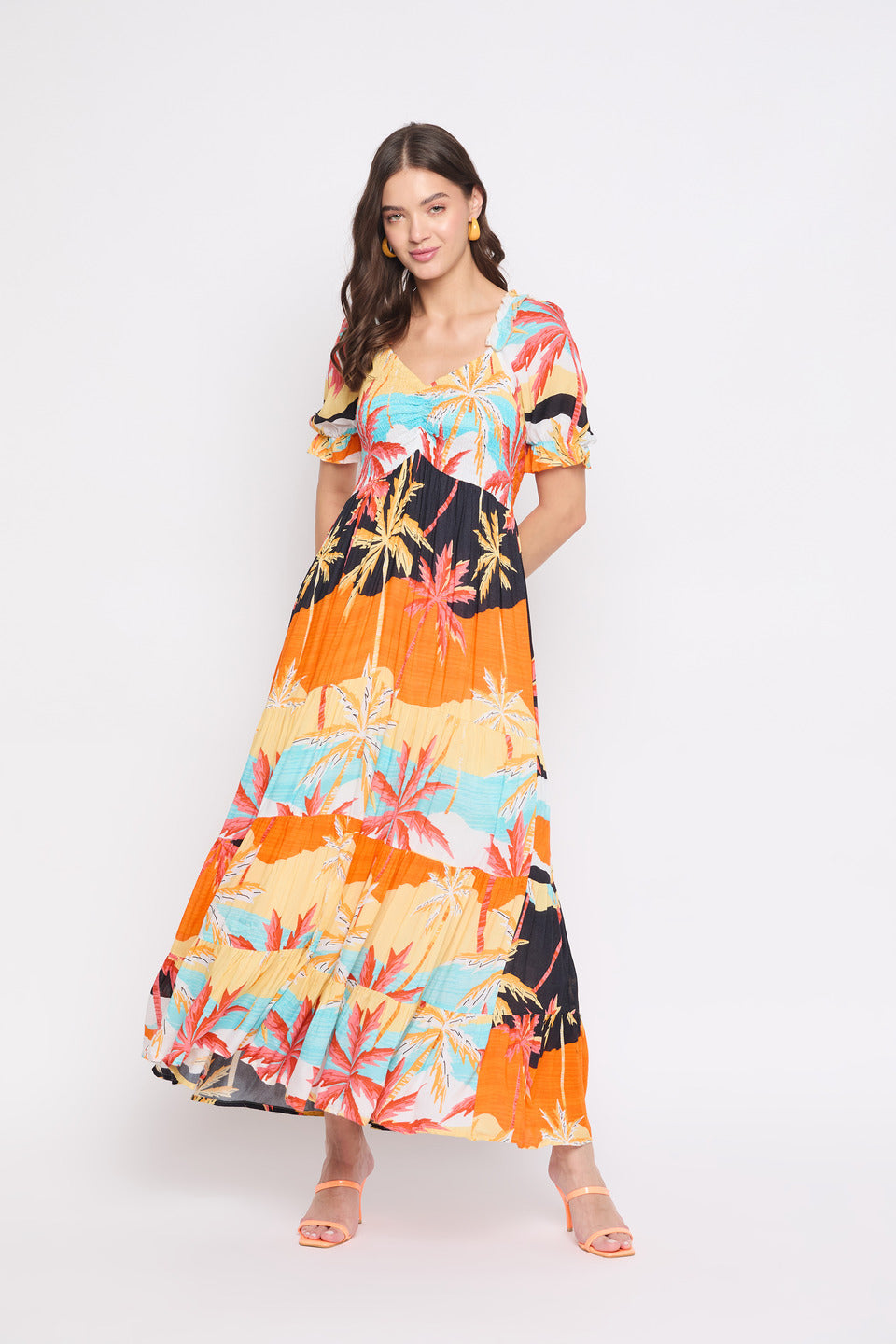 Beach Theme Multicolor Rayon Crepe Maxi Dress For Women