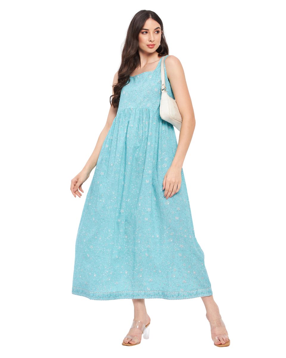 Stylish Turquoise Blue Cotton Floral Print Maxi Dress for Fashionable Women