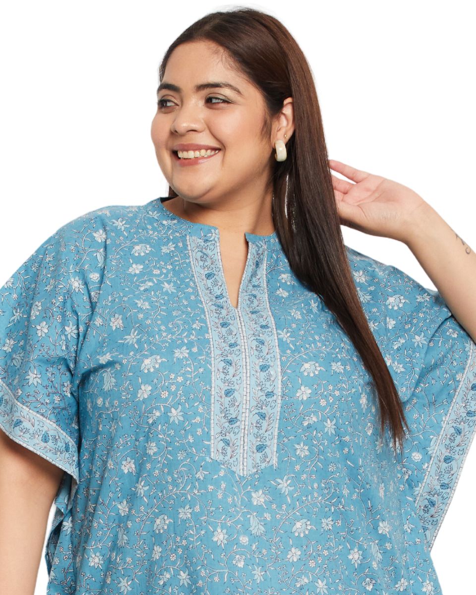 Stylish Baby Blue Cotton Floral Patterned Bordered Kaftan Dress for Plus - Sized Women
