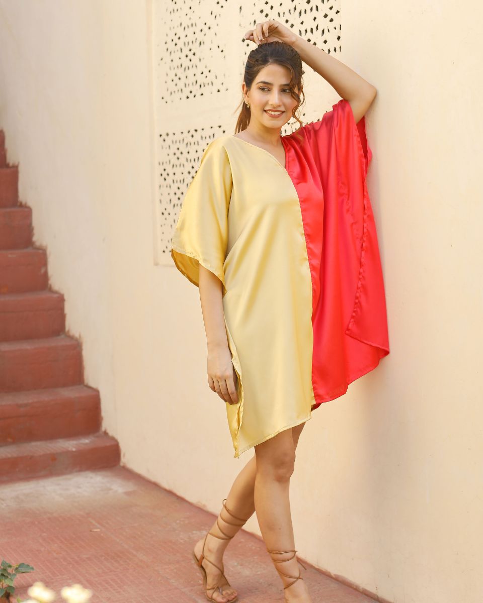 Stylish Red and Golden Color Stitched Satin Tunic for Full - Figured Women