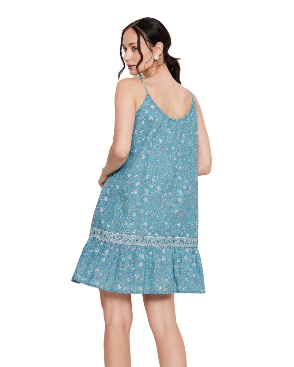 Women's Summer Floral Turquoise Flared Mini Dress