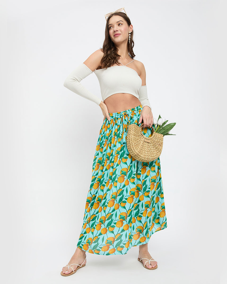 Stylish Women's Multicolored Fruit-Patterned Rayon and Polyester Knit Skirt for Fashionable Outfits