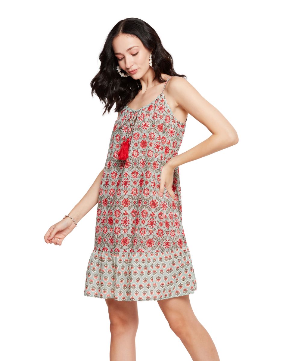 Pista Green Floral Printed Women's Mini Camisole Strap Dress