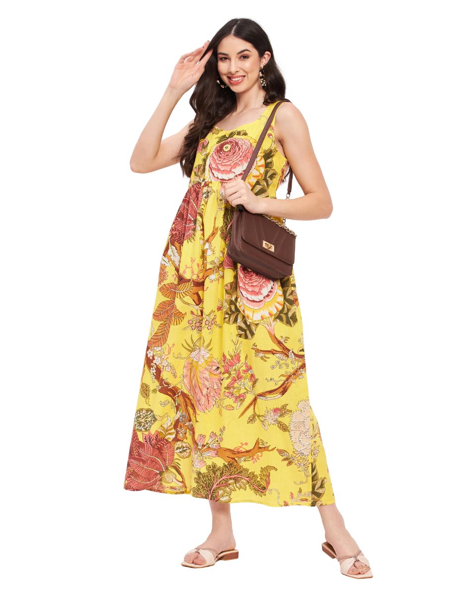 Women's Sleeveless Yellow Cotton Maxi Dress with Floral Print