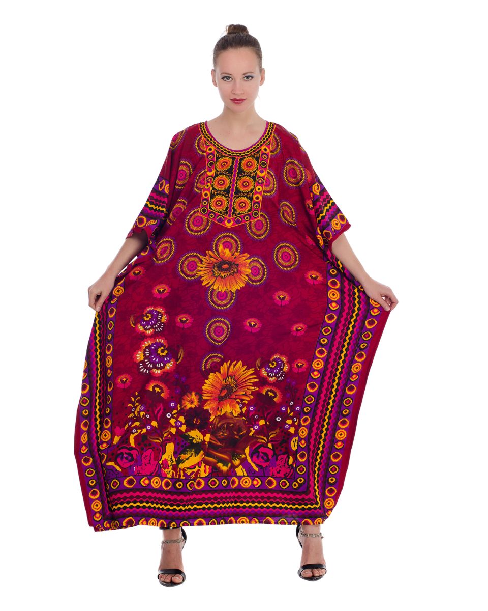 Stylish Red Floral Polyester Women's Plus Size Loose Maxi Kaftan Dress