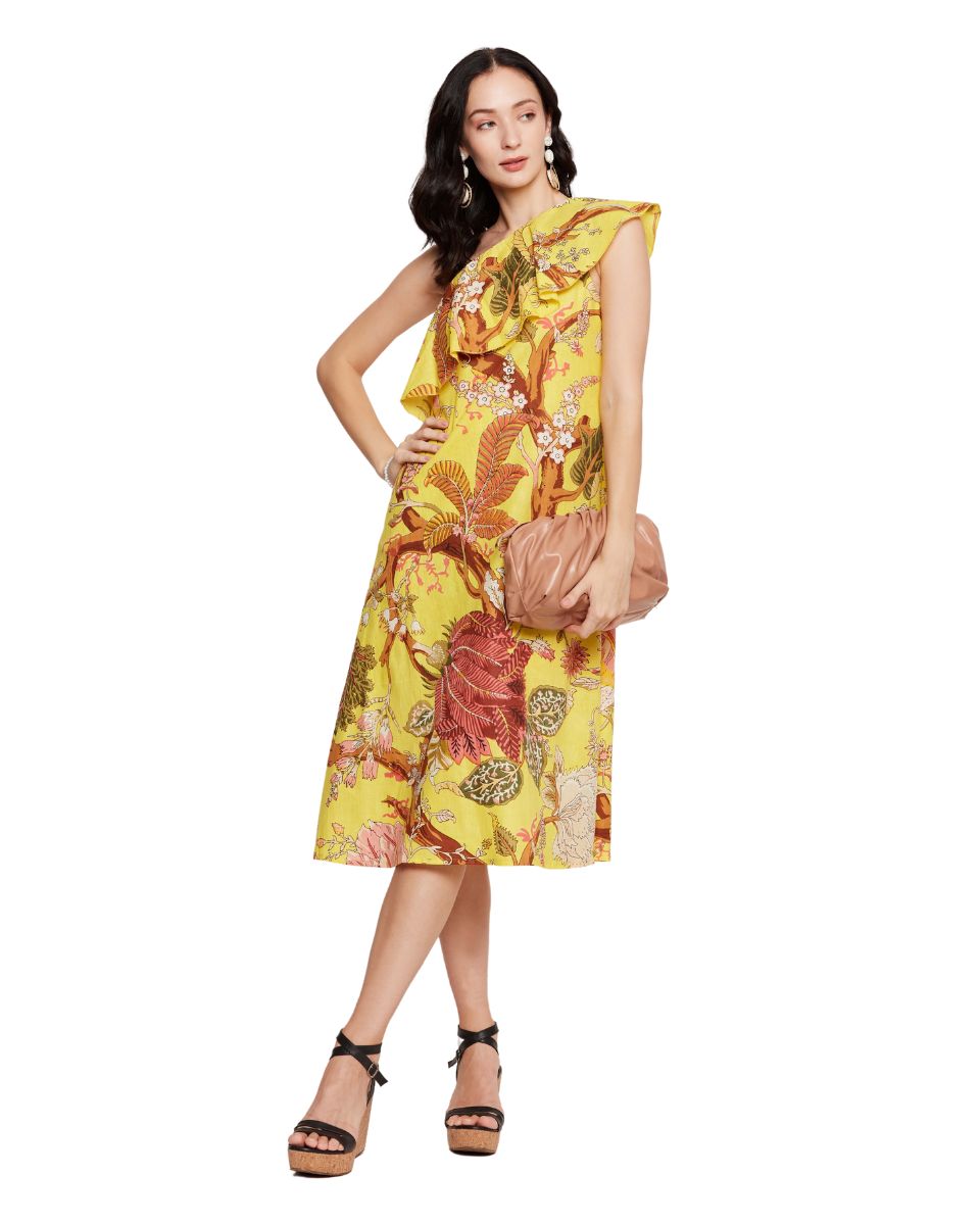 Women's Yellow Cotton Dress with Floral Print for a Chic Look